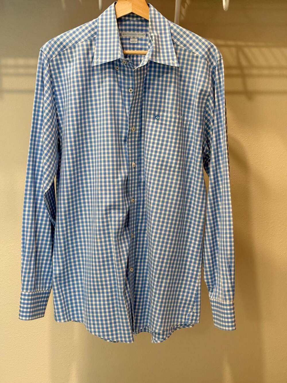 Southern Tide Men's Blue and White Gingham Check Long Sleeve Classic Fit Button-
